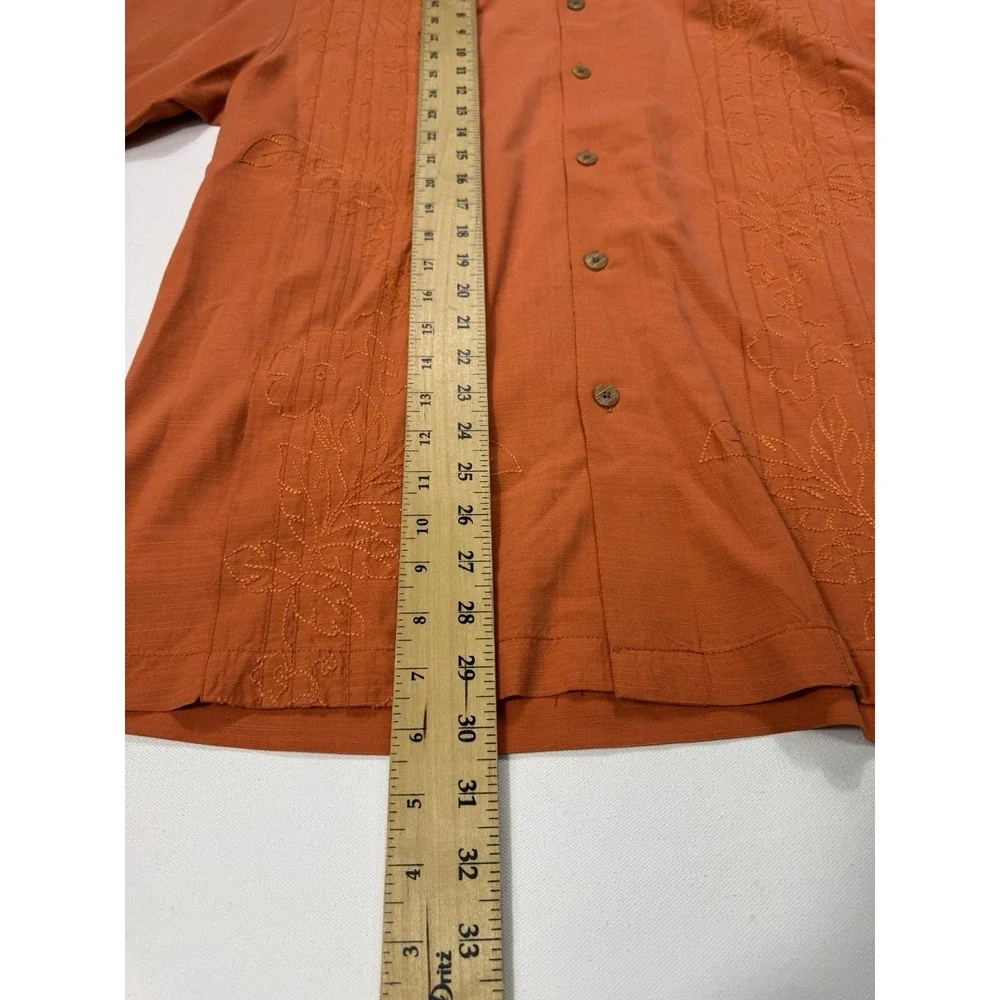 Tommy Bahama Mens Large Silk Cotton Orange Floral Embroidered Guayabera Shirt